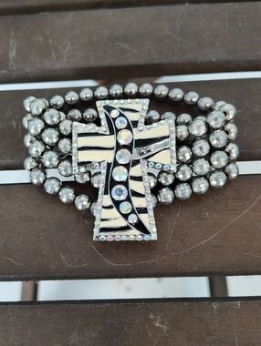 Crystal Zebra Print Cross Stretch Bracelet - Silver and Black